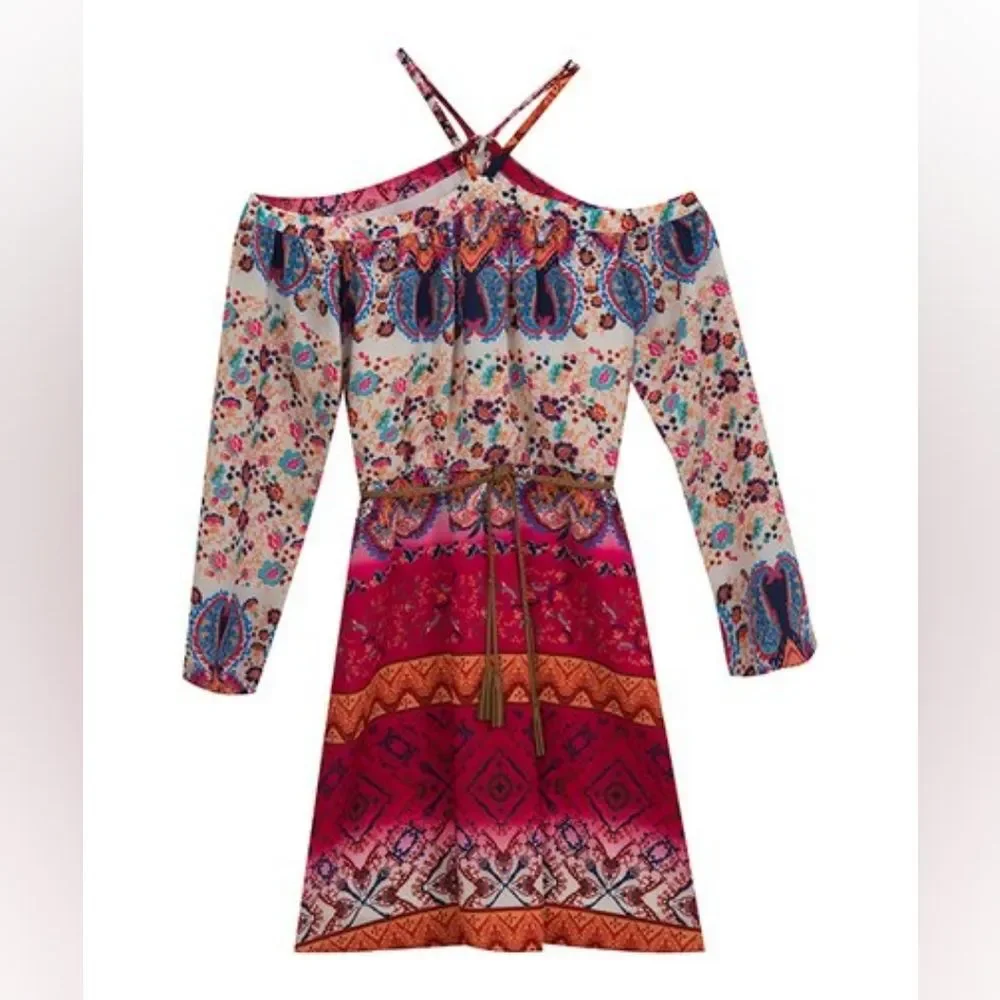 Girls Rare Editions Boho Chic Aztec Design‎ Fuchsia Floral Cold-Shoulder Dress 7